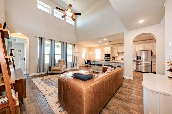 Interior, Kitchen, Living room, Recessed Lighting, Stainless Steel Appliances, Wood Texture Flooring