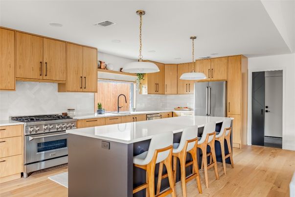 Interior, Kitchen, Pendant Lights, Recessed Lighting, Stainless Steel Appliances, Wood Texture Flooring
