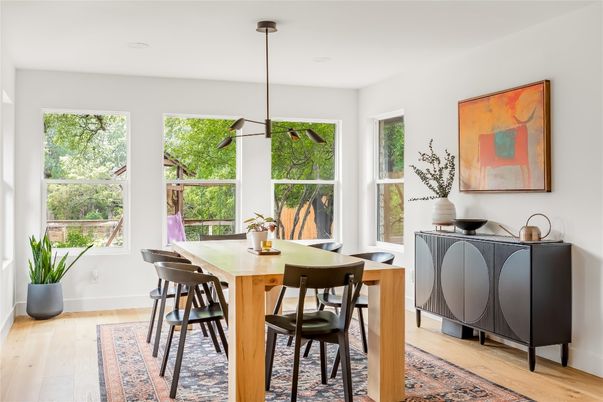 Dining room, Interior, Pendant Lights, Wood Texture Flooring