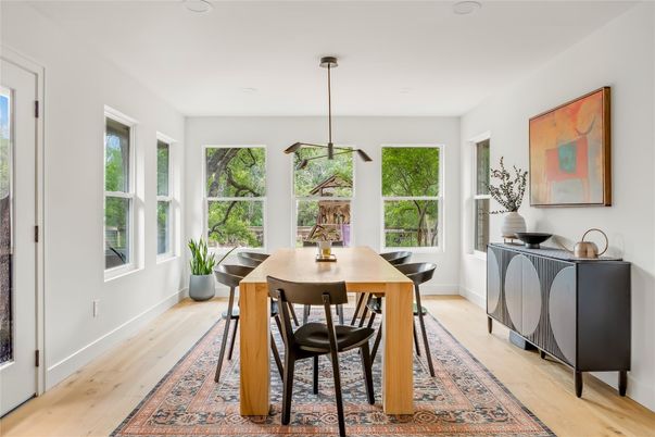 Dining room, Interior, Pendant Lights, Wood Texture Flooring