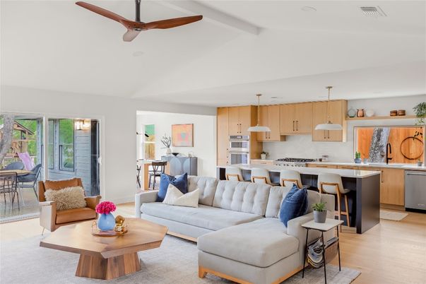 Dining room, Interior, Kitchen, Living room, Pendant Lights, Stainless Steel Appliances, Wood Texture Flooring