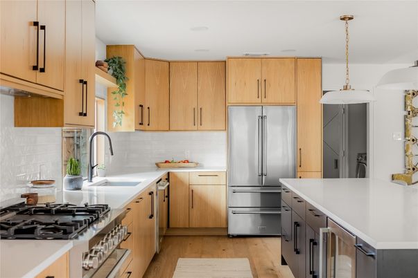 Interior, Kitchen, Pendant Lights, Stainless Steel Appliances, Wood Texture Flooring