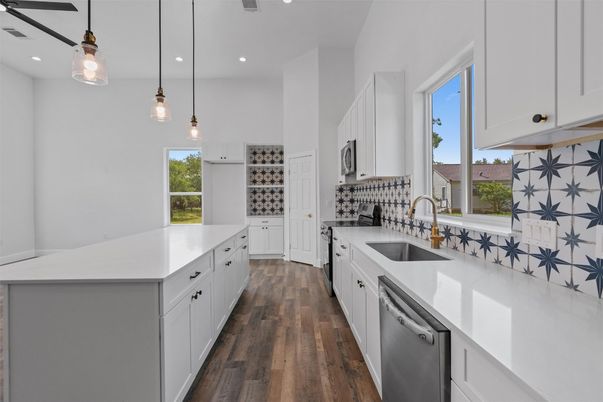 Interior, Kitchen, Pendant Lights, Recessed Lighting, Wood Texture Flooring
