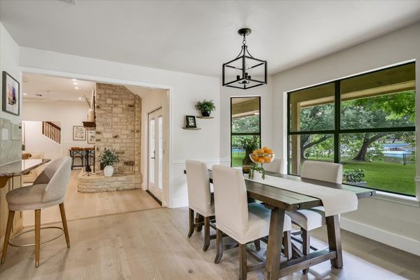 Dining room, Interior, Pendant Lights, Recessed Lighting, Stone Walls, Wood Texture Flooring