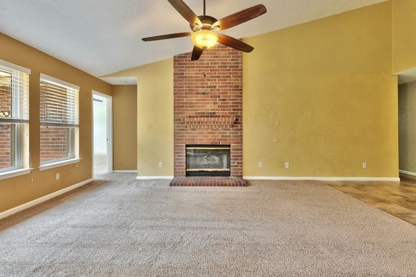 Empty room, Fireplace, Interior, Stone Walls, Wood Texture Flooring