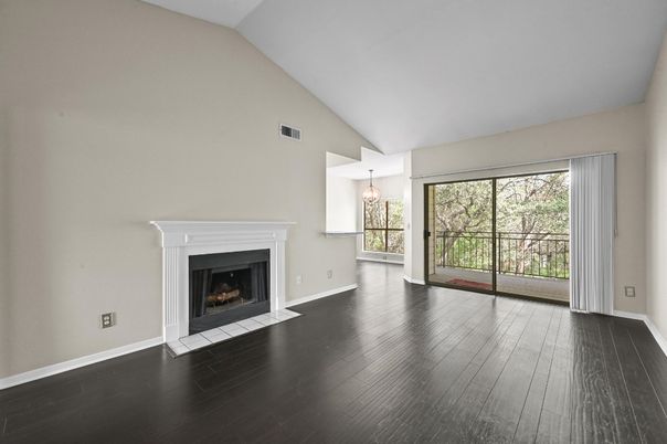 Empty room, Fireplace, Interior, Pendant Lights, Wood Texture Flooring