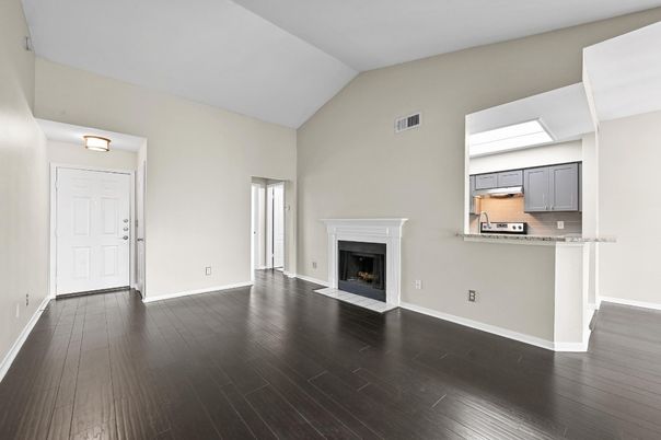 Empty room, Fireplace, Interior, Kitchen, Wood Texture Flooring