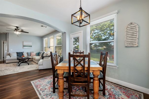 Dining room, Interior, Living room, Pendant Lights, Wood Texture Flooring