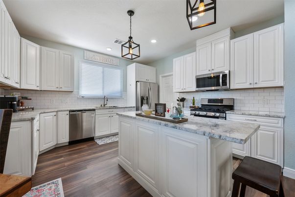 Interior, Kitchen, Pendant Lights, Recessed Lighting, Stainless Steel Appliances, Wood Texture Flooring