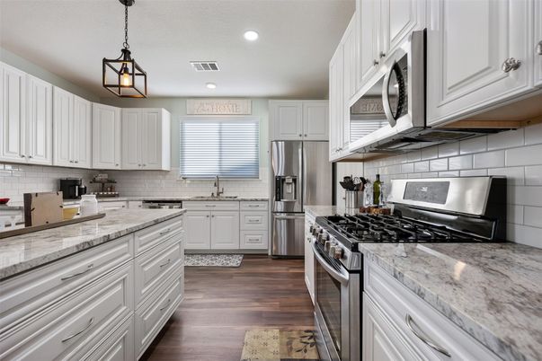 Interior, Kitchen, Pendant Lights, Recessed Lighting, Stainless Steel Appliances, Wood Texture Flooring