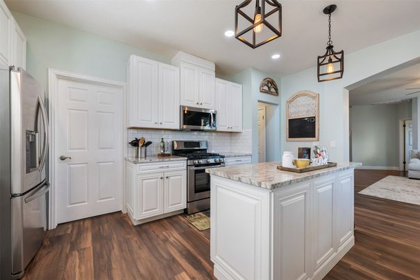 Interior, Kitchen, Pendant Lights, Recessed Lighting, Stainless Steel Appliances, Wood Texture Flooring