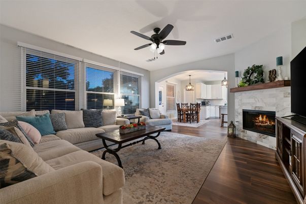 Dining room, Fireplace, Interior, Living room, Pendant Lights, Wood Texture Flooring