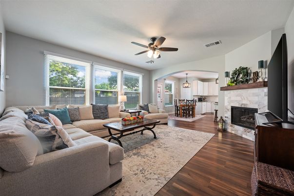 Dining room, Fireplace, Interior, Living room, Pendant Lights, Wood Texture Flooring