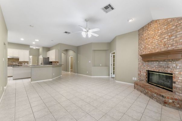 Empty room, Fireplace, Interior, Kitchen, Recessed Lighting