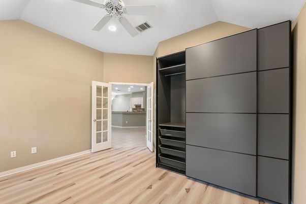 Empty room, Interior, Kitchen, Recessed Lighting, Wood Texture Flooring
