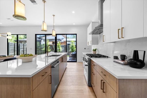 Interior, Kitchen, Pendant Lights, Recessed Lighting, Stainless Steel Appliances, Wood Texture Flooring