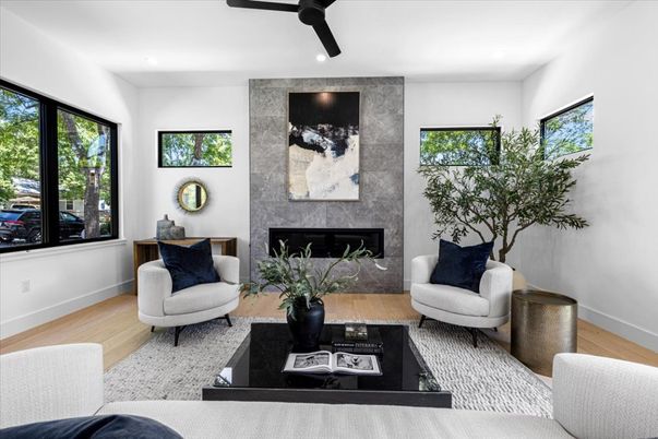 Fireplace, Interior, Living room, Recessed Lighting, Wood Texture Flooring