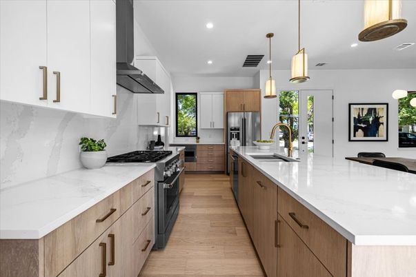 Interior, Kitchen, Pendant Lights, Recessed Lighting, Stainless Steel Appliances, Wood Texture Flooring