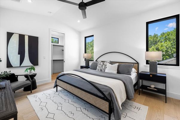 Bedroom, Interior, Recessed Lighting, Wood Texture Flooring