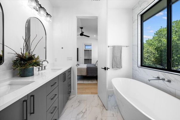 Bathroom, Dual Sink Vanities, Free Standing Baths, Interior, Marble, Marble Walls, Recessed Lighting