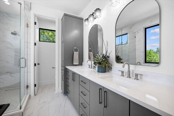 Bathroom, Dual Sink Vanities, Glass Shower, Interior, Marble, Marble Walls