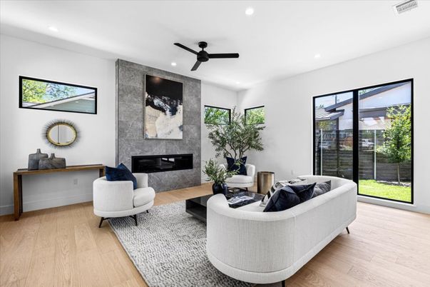 Fireplace, Interior, Living room, Recessed Lighting, Wood Texture Flooring