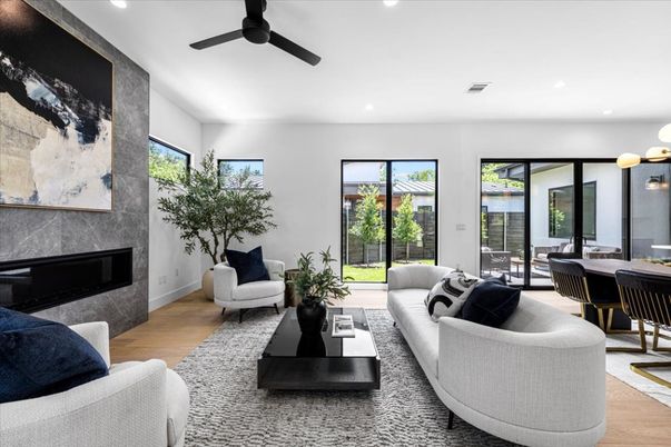 Dining room, Fireplace, Interior, Living room, Pendant Lights, Recessed Lighting, Wood Texture Flooring