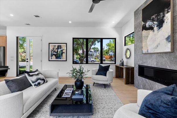 Fireplace, Interior, Living room, Recessed Lighting, Wood Texture Flooring