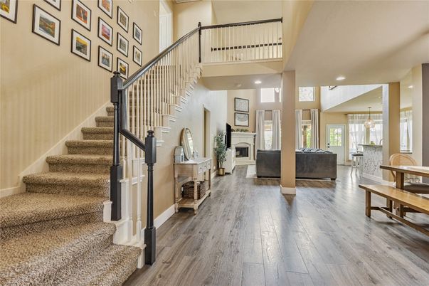 Fireplace, Interior, Pendant Lights, Recessed Lighting, Wood Texture Flooring