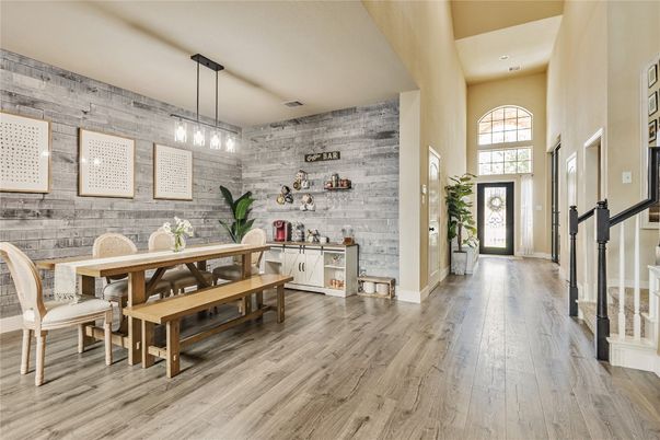Dining room, Interior, Pendant Lights, Recessed Lighting, Stone Walls, Wood Texture Flooring