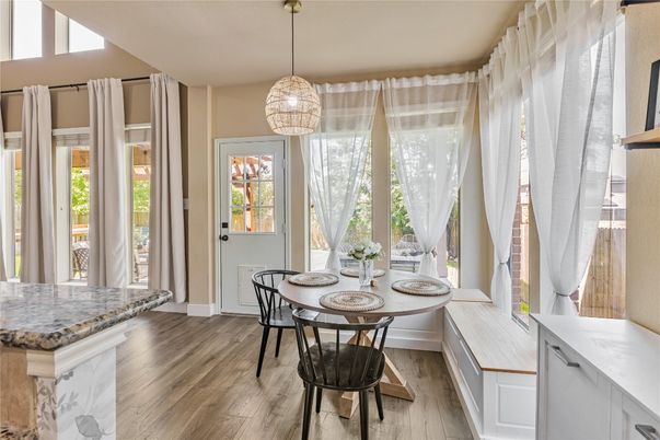 Dining room, Interior, Pendant Lights, Wood Texture Flooring