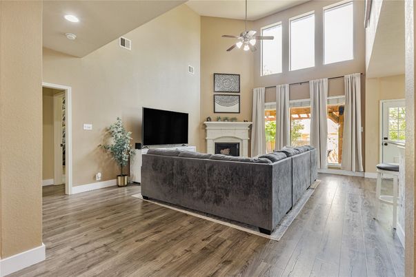 Fireplace, Interior, Living room, Recessed Lighting, Wood Texture Flooring
