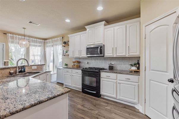 Chandelier, Interior, Kitchen, Pendant Lights, Recessed Lighting, Wood Texture Flooring