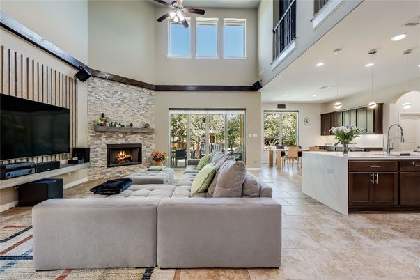 Dining room, Fireplace, Interior, Kitchen, Living room, Pendant Lights, Recessed Lighting, Stone Walls