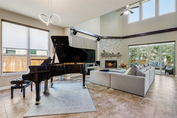 Fireplace, Interior, Living room, Pendant Lights, Piano