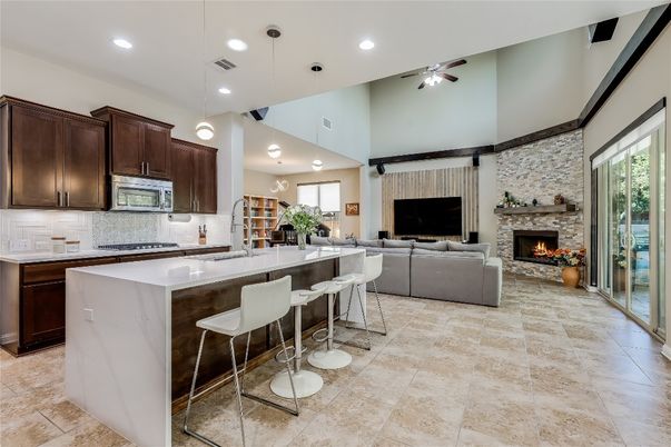 Fireplace, Interior, Kitchen, Living room, Pendant Lights, Recessed Lighting, Stone Walls