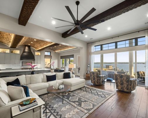 Interior, Kitchen, Living room, Recessed Lighting, Stone Walls, Water, Wooden Beams, Wood Texture Flooring