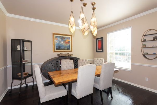 Chandelier, Dining room, Interior, Wood Texture Flooring