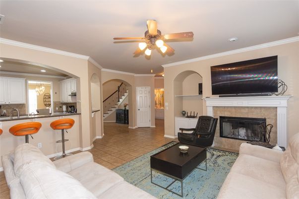 Fireplace, Interior, Kitchen, Living room, Recessed Lighting