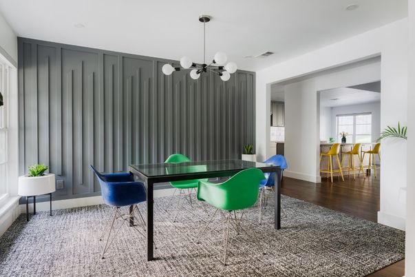 Dining room, Interior, Pendant Lights, Wood Texture Flooring