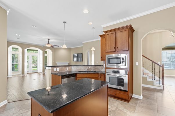 Interior, Kitchen, Pendant Lights, Recessed Lighting, Stainless Steel Appliances, Wood Texture Flooring