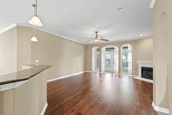 Empty room, Fireplace, Interior, Pendant Lights, Recessed Lighting, Wood Texture Flooring