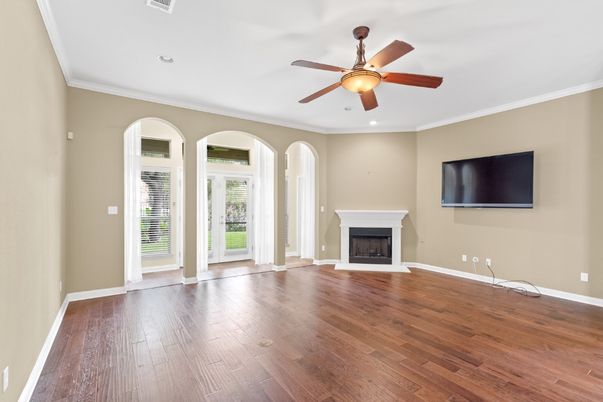 Empty room, Fireplace, Interior, Recessed Lighting, Wood Texture Flooring