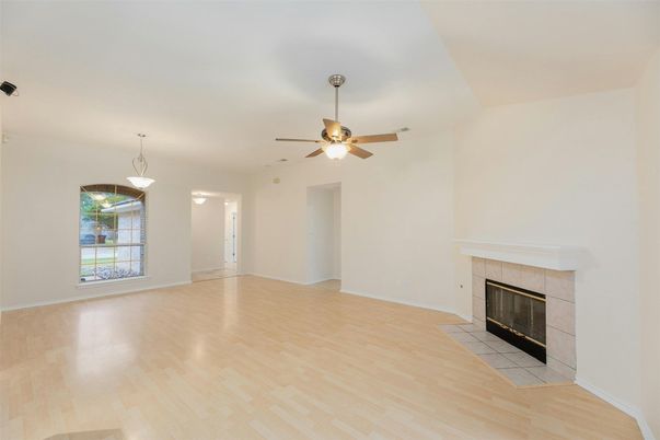 Empty room, Fireplace, Interior, Pendant Lights, Wood Texture Flooring