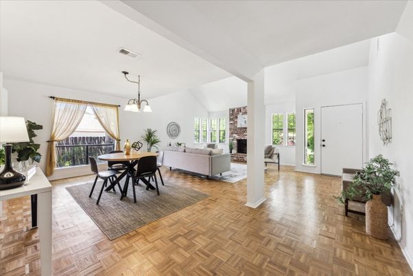 Dining room, Fireplace, Interior, Living room, Pendant Lights, Wood Texture Flooring