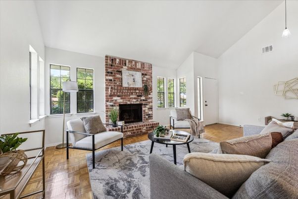 Fireplace, Interior, Living room, Pendant Lights, Stone Walls, Wood Texture Flooring