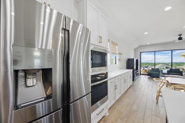 Interior, Kitchen, Recessed Lighting, Stainless Steel Appliances, Wood Texture Flooring