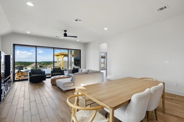 Dining room, Interior, Living room, Recessed Lighting, Wood Texture Flooring