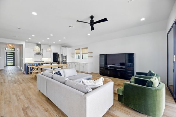 Interior, Kitchen, Living room, Pendant Lights, Recessed Lighting, Stainless Steel Appliances, Wood Texture Flooring
