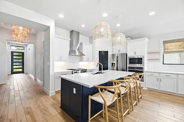Chandelier, Interior, Kitchen, Pendant Lights, Recessed Lighting, Stainless Steel Appliances, Wood Texture Flooring